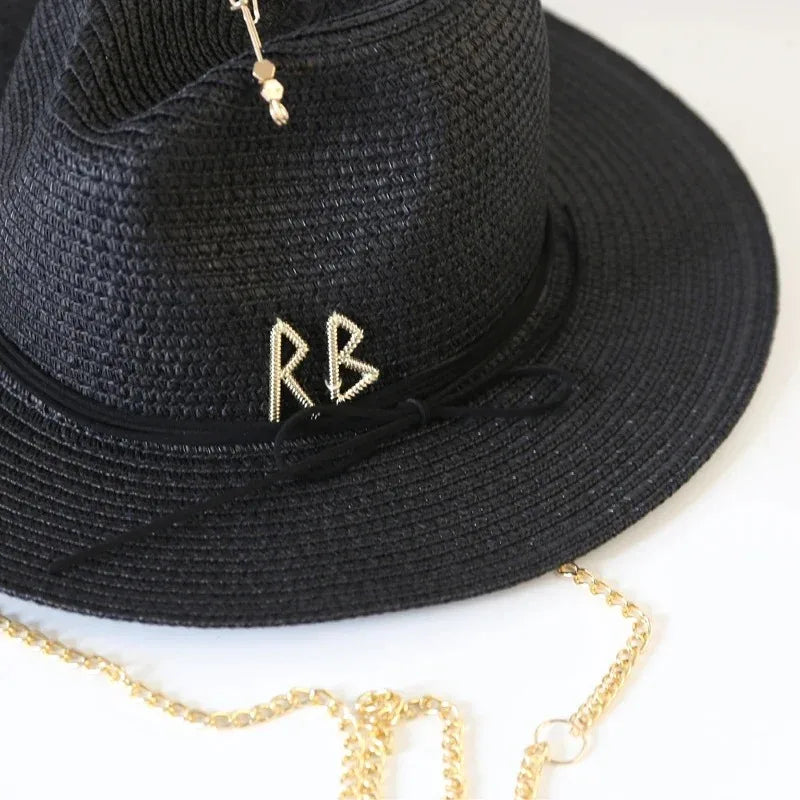 Fashionable Metal RB Letter Straw Sun Hats