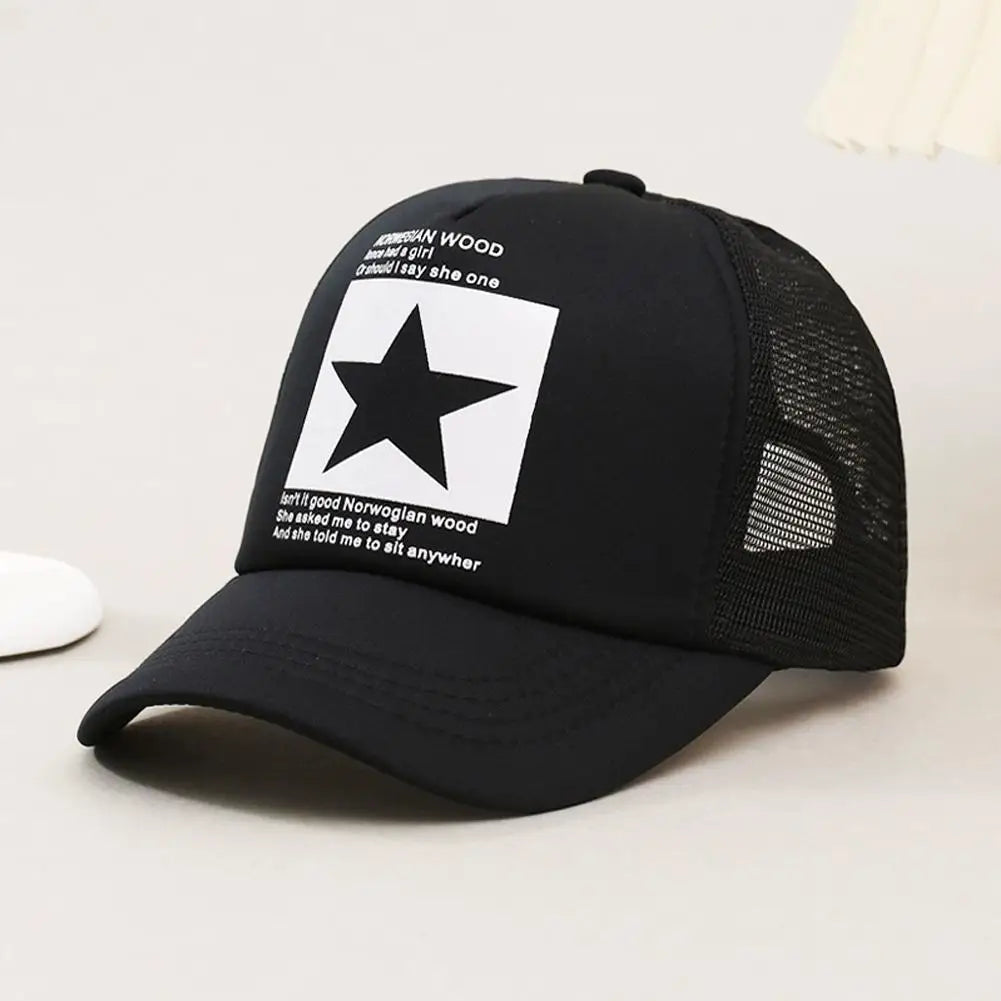 Summer Mesh Baseball Cap Fashion Star Printed Adjustable Baseball Hat Ponytail Cap Unisex Outdoor Sports
