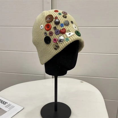 Korean Designer Colorful Button Beanies Wool Hat