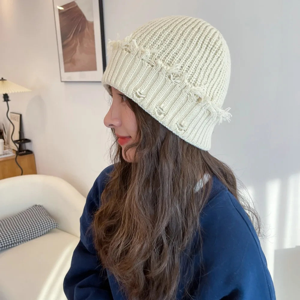 New Dilapidated Hole Knitted Hat Solid Color Ear Protection Warm Cap