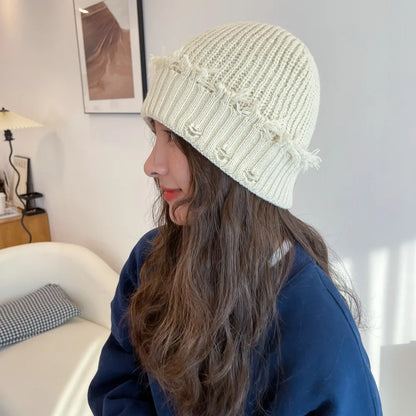 New Dilapidated Hole Knitted Hat Solid Color Ear Protection Warm Cap