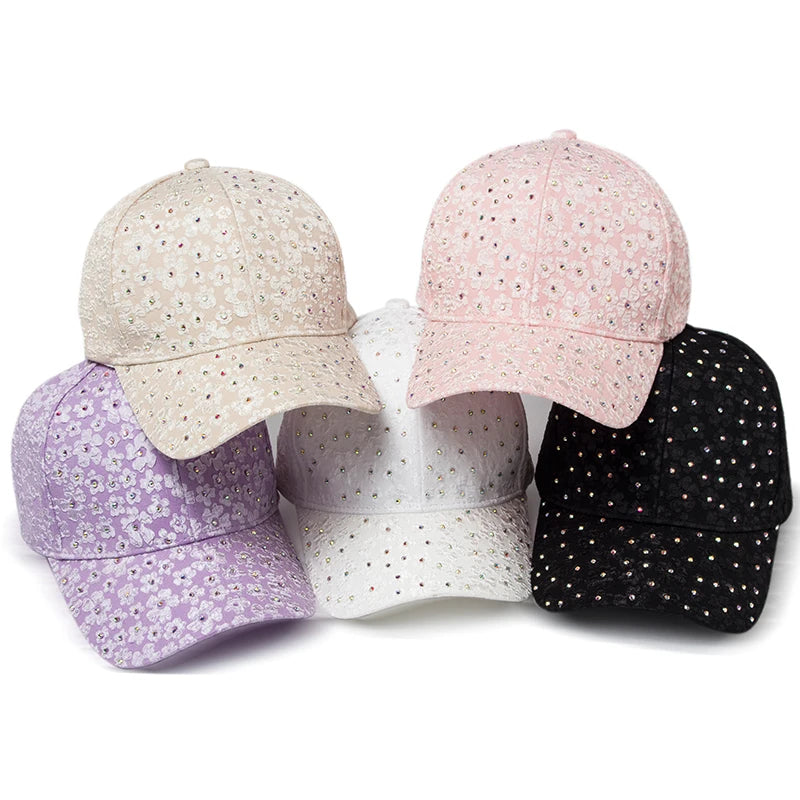 Summer Women Rhinestone Baseball Cap Flower Embroidery Hats