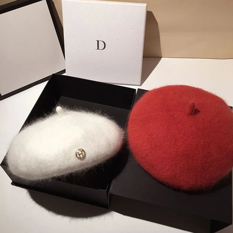 Women Beret Hats Angora Rabbit Fur Winter Warm Knitted Cap