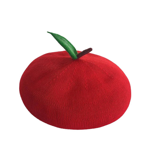 Adult Red Apple Spring Autumn Breathable Knit Beret Fruit Painter Hat Female