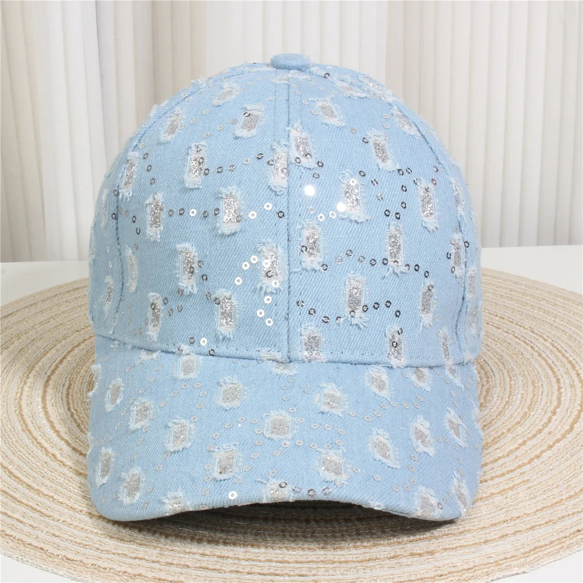 Fashionable Multiple Styles Of Glittering Sequin Frayed Denim Baseball Caps