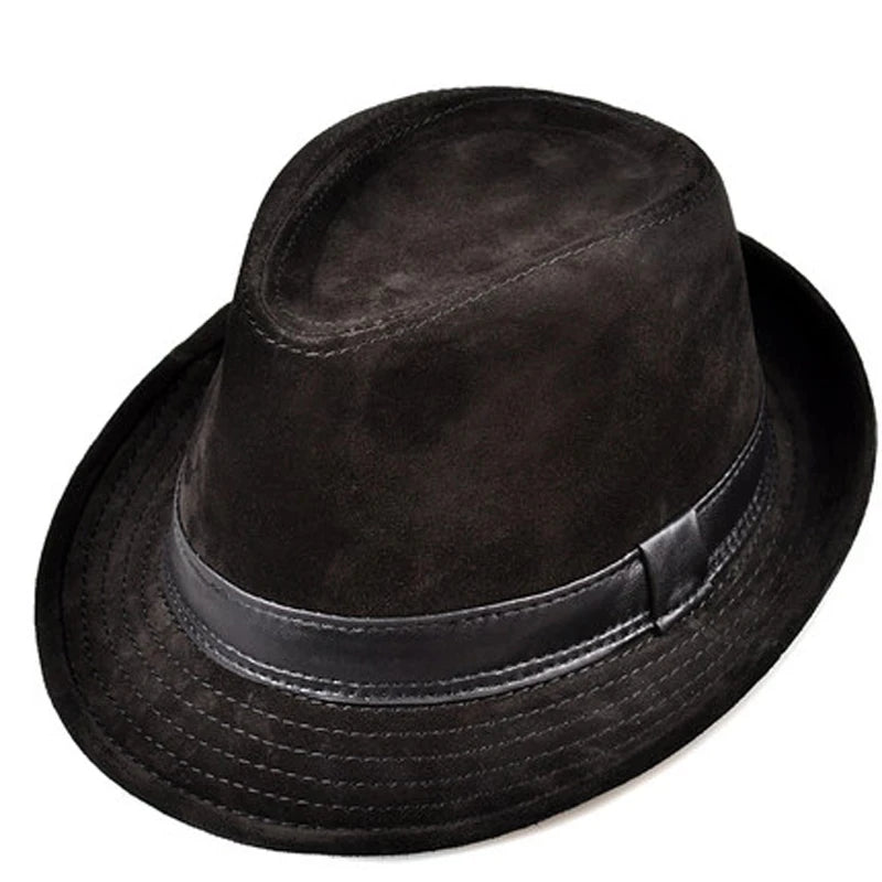 Men Genuine Leather Suede Cow Skin Nubuck Brown Fedoras Hats Women