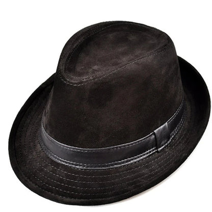 Men Genuine Leather Suede Cow Skin Nubuck Brown Fedoras Hats Women