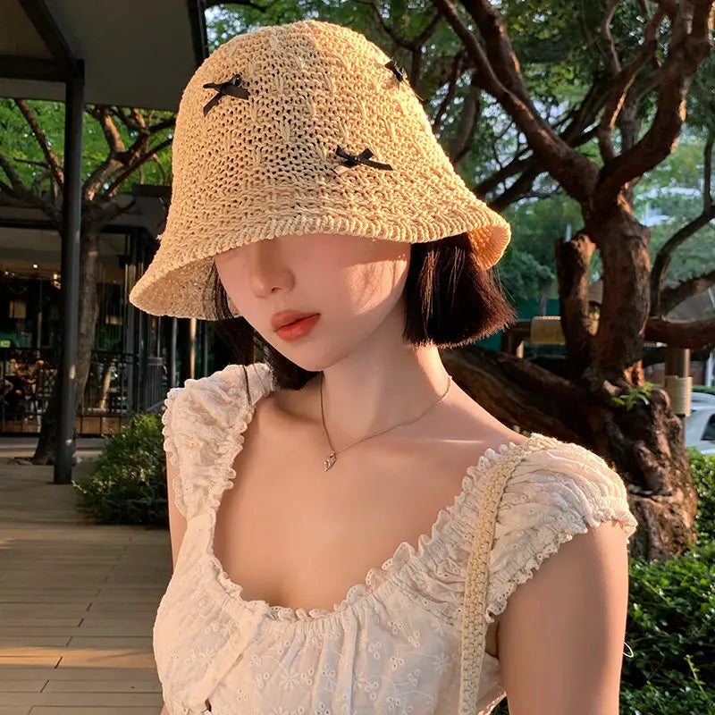 Korean Bowknot Straw Hat For Women Outdoor