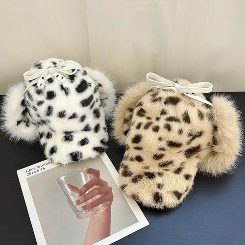 Y2K Personalized Leopard Print Plush Bomber Hats