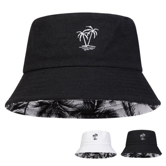 Unisex Coconut Tree Embroidery Double Sided Wearing Bucket Hats