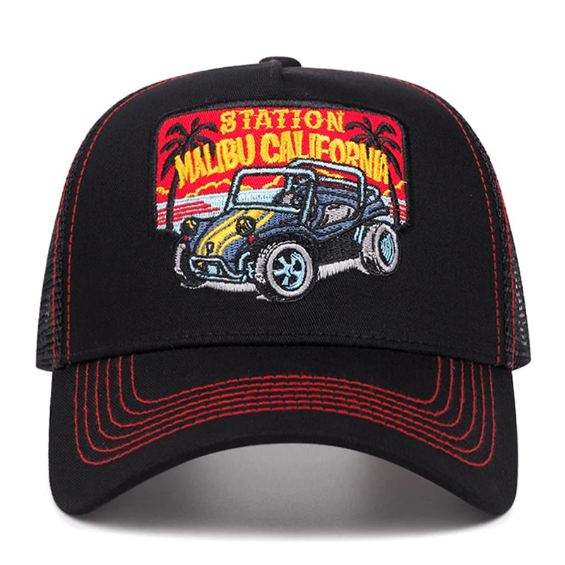 Creative Personalized Mesh Hat Coconut Tree Retro Convertible Car Embroidery Baseball Hat