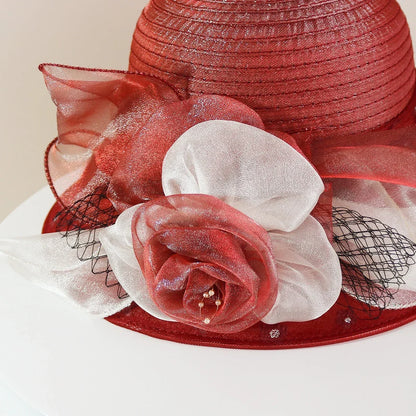 Fashion Hat Women Top Hat Elegant Organza Flower Wide Brim Sun Hat