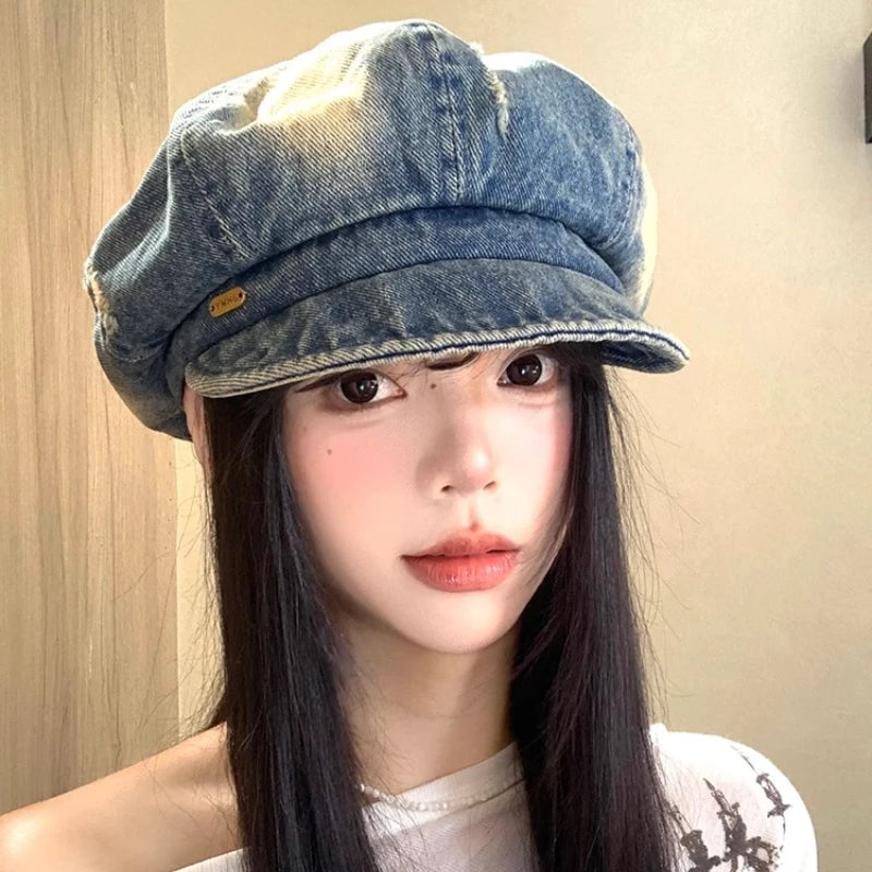 Vintage Harajuku Style Washed Denim Berets