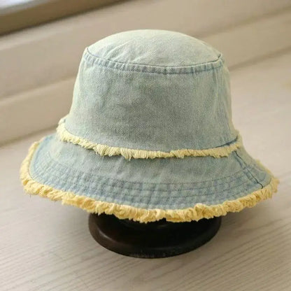 Unisex Washed Denim Bucket Hat Soft Foldable Tassel Brim Sun Hat