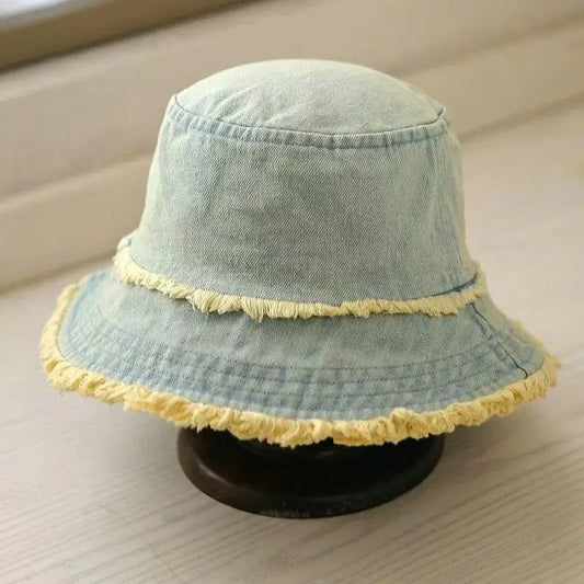 Unisex Washed Denim Bucket Hat Soft Foldable Tassel Brim Sun Hat