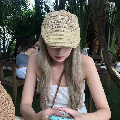 Japanese Style Hollow Straw Beret Vacation Flat Straw Newsboy Cap