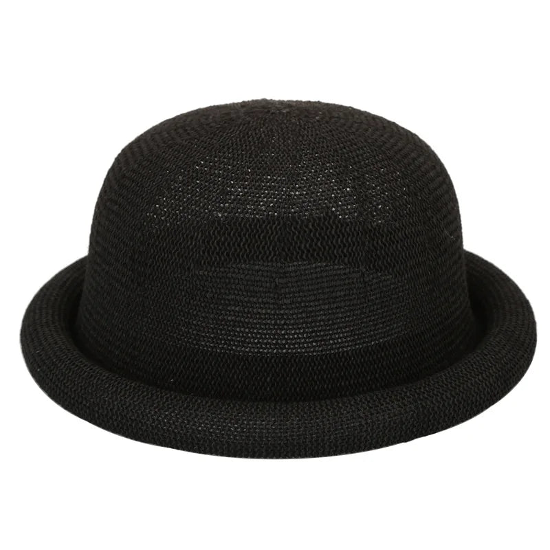 Women Straw Hat Spring Summer New Roll Brim Round Top Korean Style