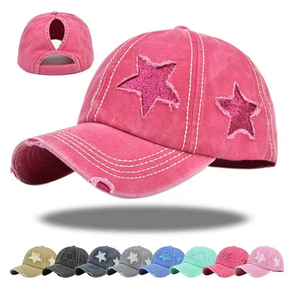 Retro Y2K Star Washed Denim Hole star Baseball cap