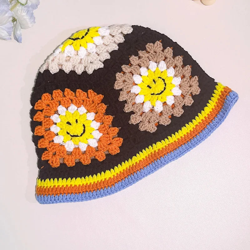 Women Muticolor Crochet Korean Handmade Bucket Hat Women Weaving Knitted Hat Y2k Fashion Flowers Autumn Cap