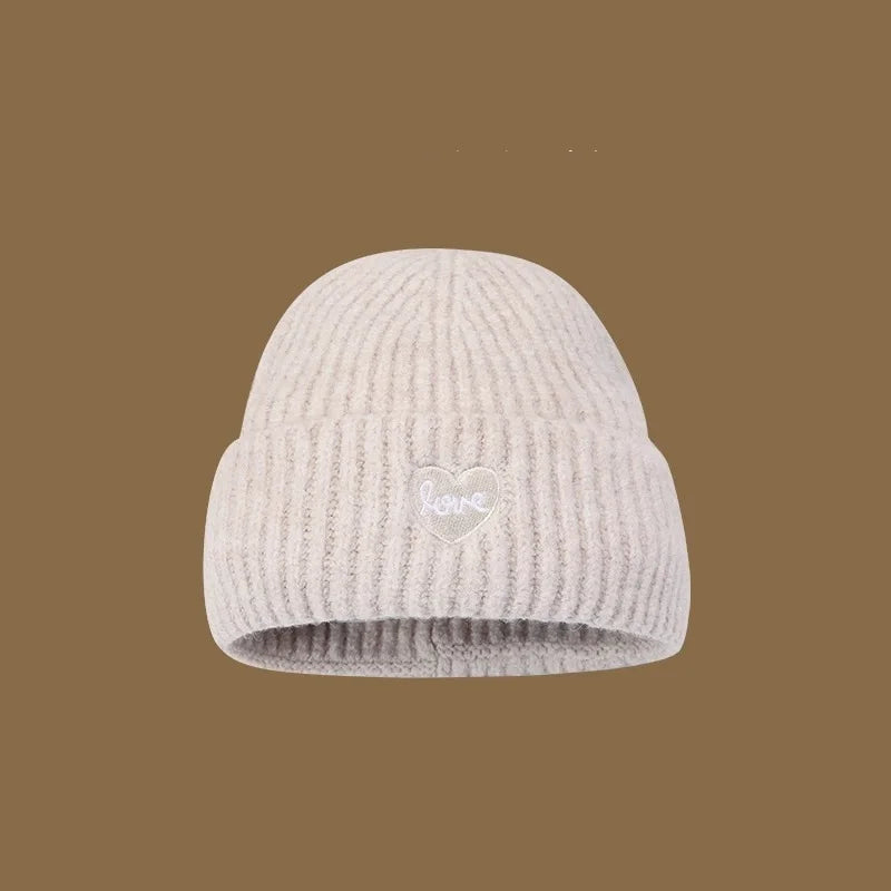Love Heart Embroidered Woolen Hat Warm Ear-Protecting Cold Hat