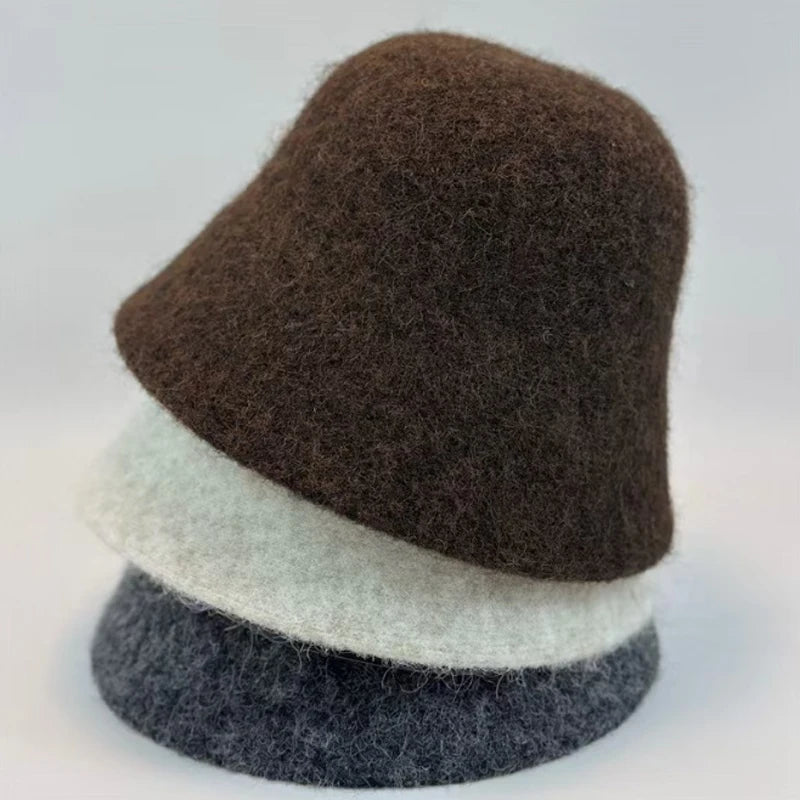 Retro Dome Wool Felt Bucket Hat Women Autumn Winter