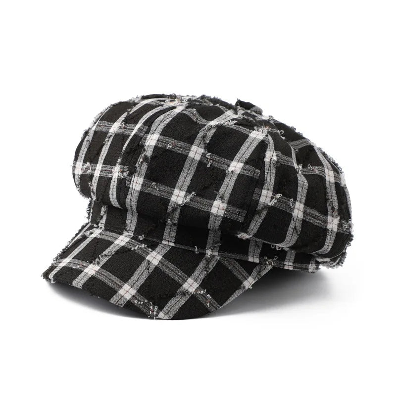 Korean Fashion Plaid Women's Berets Spring Autumn Octagonal Painter Cap