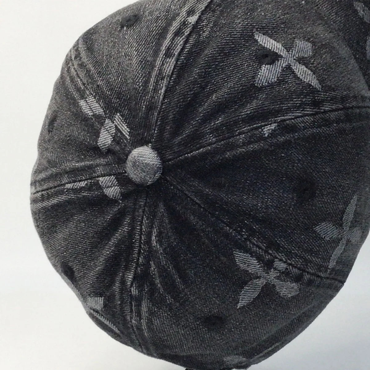 Cross Denim Baseball Cap With Jacquard Fringe, Vintage Distressed, Cropped Edge Cap