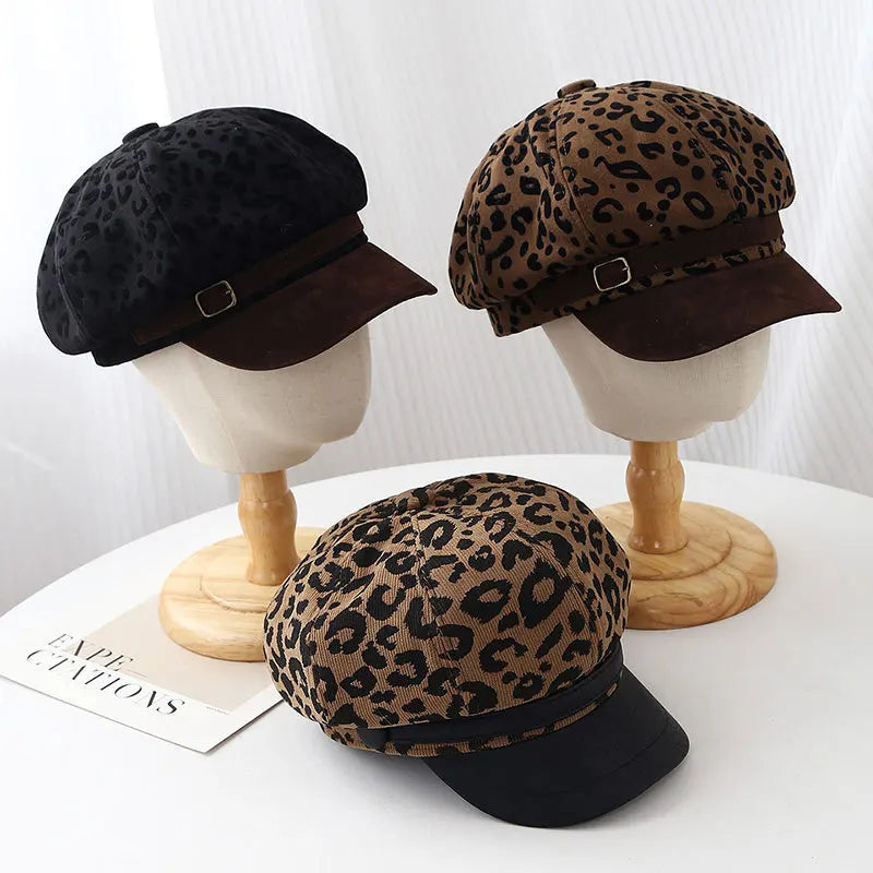 Retro Leopard Print Wide Brim Beret Vintage Painter Cap Hats