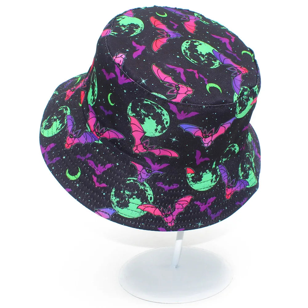 Halloween Neon Bat Moon Print Bucket Hat Unisex Fisherman Cap Spooky Cosplay Decorate Panama Hat