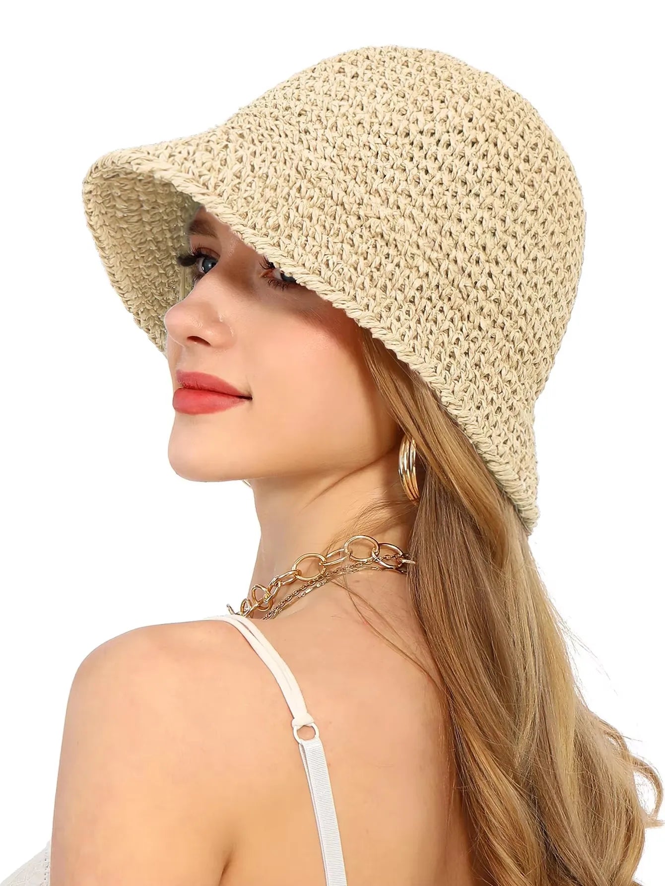 Summer UV-Protect Crochet Straw Bucket Hat