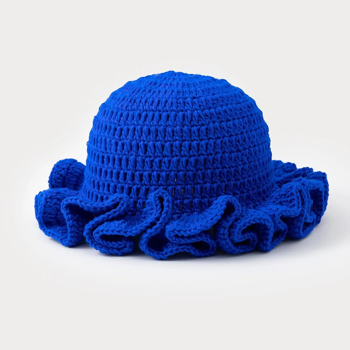 Women's Boho Crochet Ruffle Bucket Hat, Foldable Handmade Summer Beach Cap