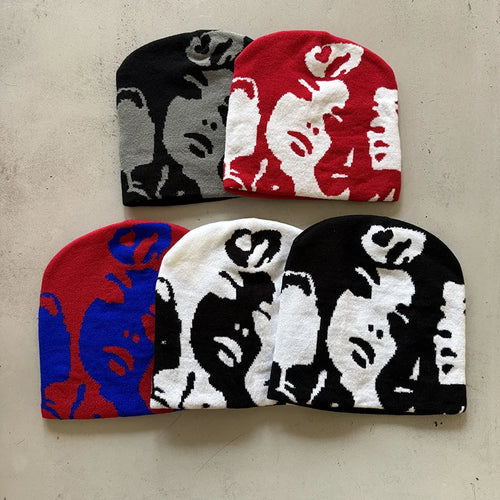 Face Pattern Intarsia Beanie Hats, Winter Casual Windproof Elastic Skull Cap