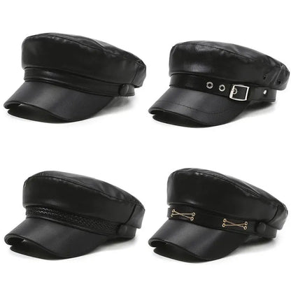 British Style Berets Visor Pu Leather Flat Top Hat