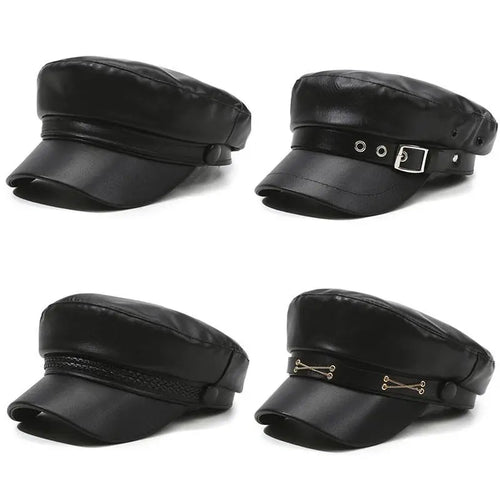 British Style Berets Visor Pu Leather Flat Top Hat