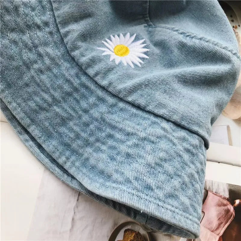 Korean Daisy Embroidery Bucket Hat Women Men