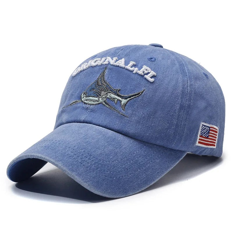 Embroidery Washed Cotton Shark Men Vintage Baseball Cap