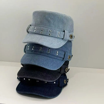Personality Cloth Rivet Denim Beret Y2k Washed Denim Equestrian Hat