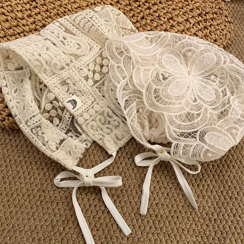New Drawstring White Hollow Out Flower Bonnet Spring Women's Knitted