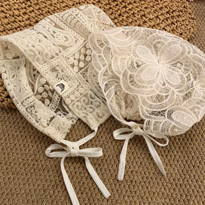 New Drawstring White Hollow Out Flower Bonnet Spring Women's Knitted