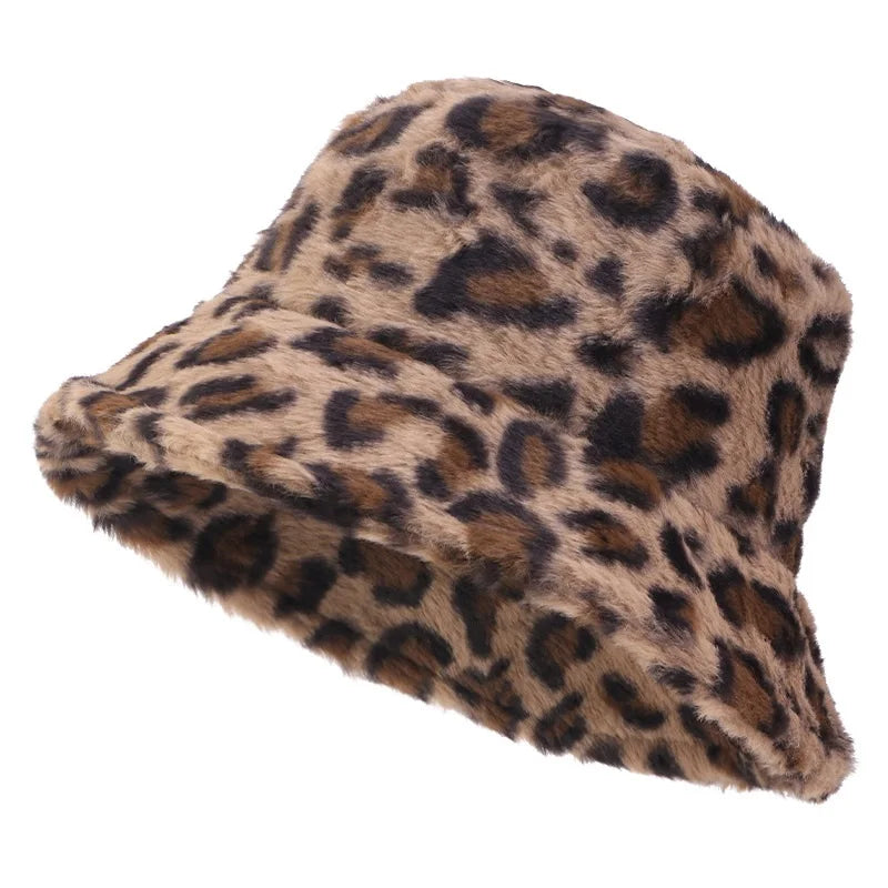 Autumn Winter Leopard Print Bucket Hat Thick Soft Warm Plush Fisherman Hat
