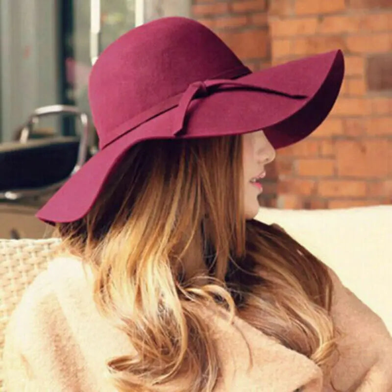 Women Sun Hat Vintage Lady Wide Large Wool Felt Cap