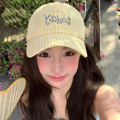 Embroidered Letter Baseball Cap Sweet Bow Tie Striped Design Sun Hat