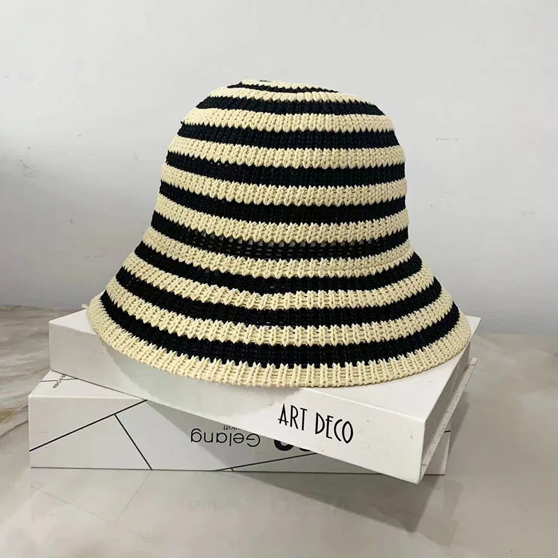 Striped Hollow Women Bucket Hat Spring Summer Outdoor