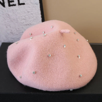 Luxury Rhinestone Wool Thick Berets For Women Autumn Winter Ladies Bling Beret