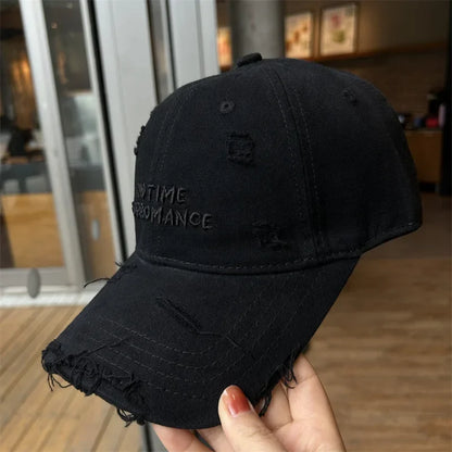 Distressed Women's Baseball Cap - Script Embroidery Washed Cotton Wide Brim Face Slimming Soft Sun Hat