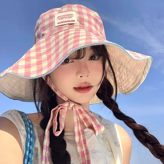 Double-Sided Plaid Wide Edged Lace-Up Bucket Hat
