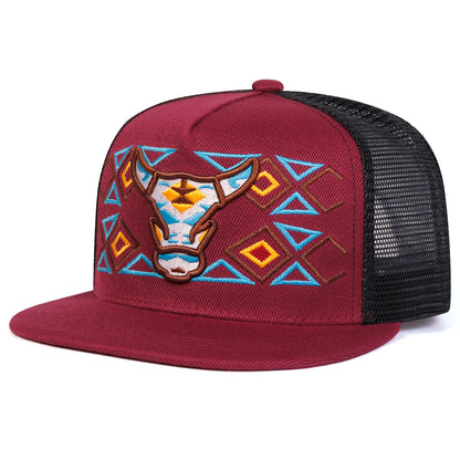 Unisex Ox Head Embroidery Hip-hop Net Hats Spring Summer Outdoor