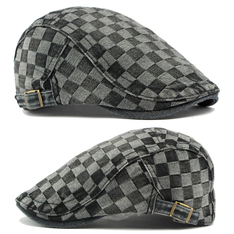 Plaid Berets Hat Men And Women Washed Denim Visors