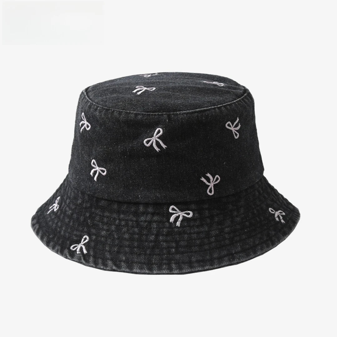 Summer Embroidery Cherry Washed Denim Bucket Hat For Women