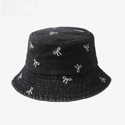 Summer Embroidery Cherry Washed Denim Bucket Hat For Women